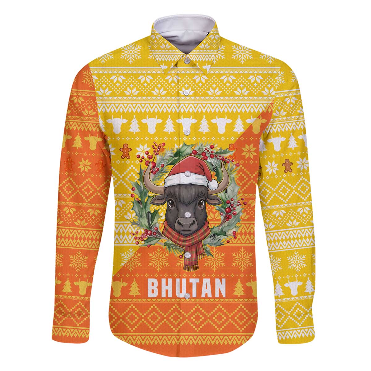Bhutan Christmas Family Matching Off The Shoulder Long Sleeve Dress and Hawaiian Shirt with Takin Reindeer Antlers Santa Hat and Yellow Orange Holiday Pattern - Wonder Print Shop