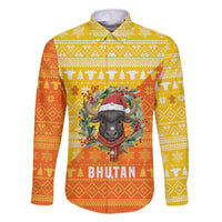 Bhutan Christmas Family Matching Off The Shoulder Long Sleeve Dress and Hawaiian Shirt with Takin Reindeer Antlers Santa Hat and Yellow Orange Holiday Pattern - Wonder Print Shop