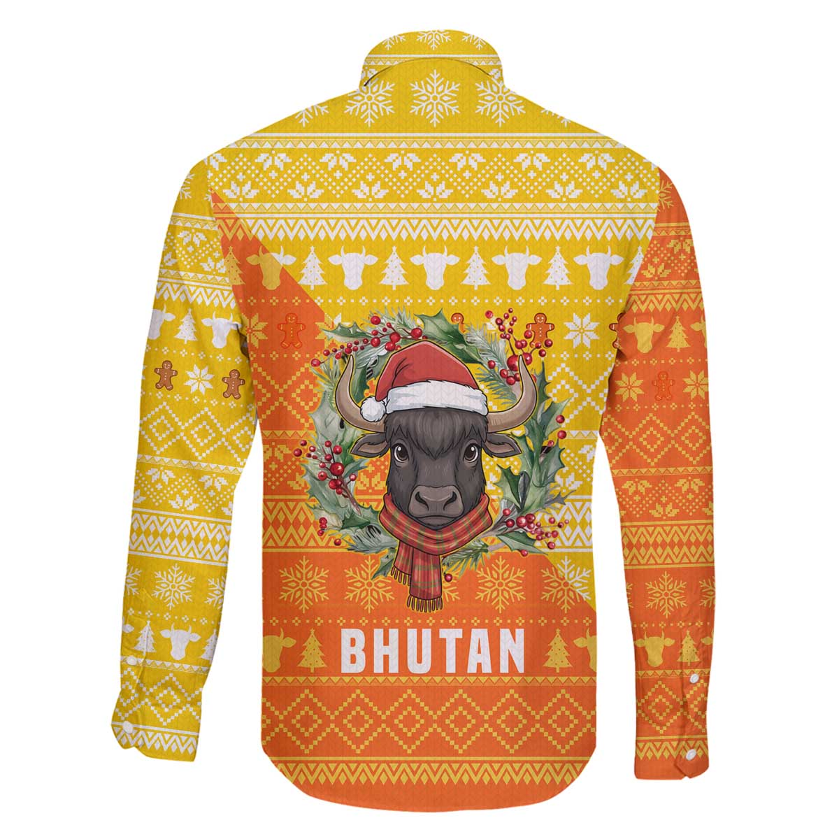 Bhutan Christmas Family Matching Off The Shoulder Long Sleeve Dress and Hawaiian Shirt with Takin Reindeer Antlers Santa Hat and Yellow Orange Holiday Pattern - Wonder Print Shop