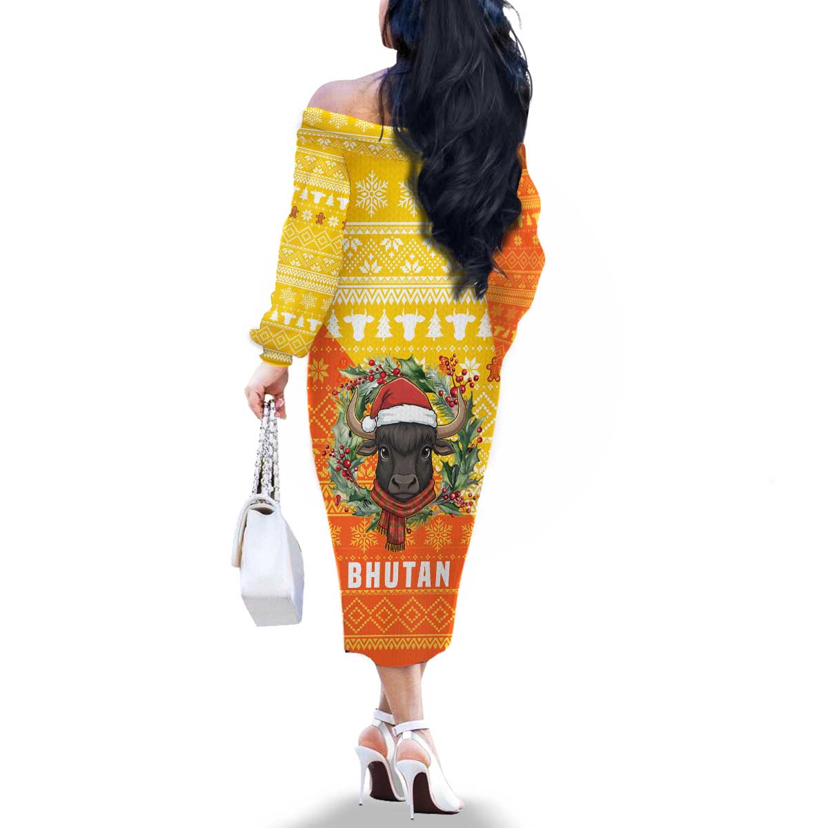 Bhutan Christmas Family Matching Off The Shoulder Long Sleeve Dress and Hawaiian Shirt with Takin Reindeer Antlers Santa Hat and Yellow Orange Holiday Pattern - Wonder Print Shop