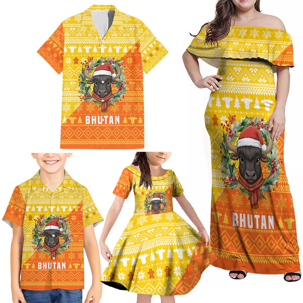 Bhutan Christmas Family Matching Off Shoulder Maxi Dress and Hawaiian Shirt with Takin Reindeer Antlers Santa Hat and Yellow Orange Holiday Pattern - Wonder Print Shop