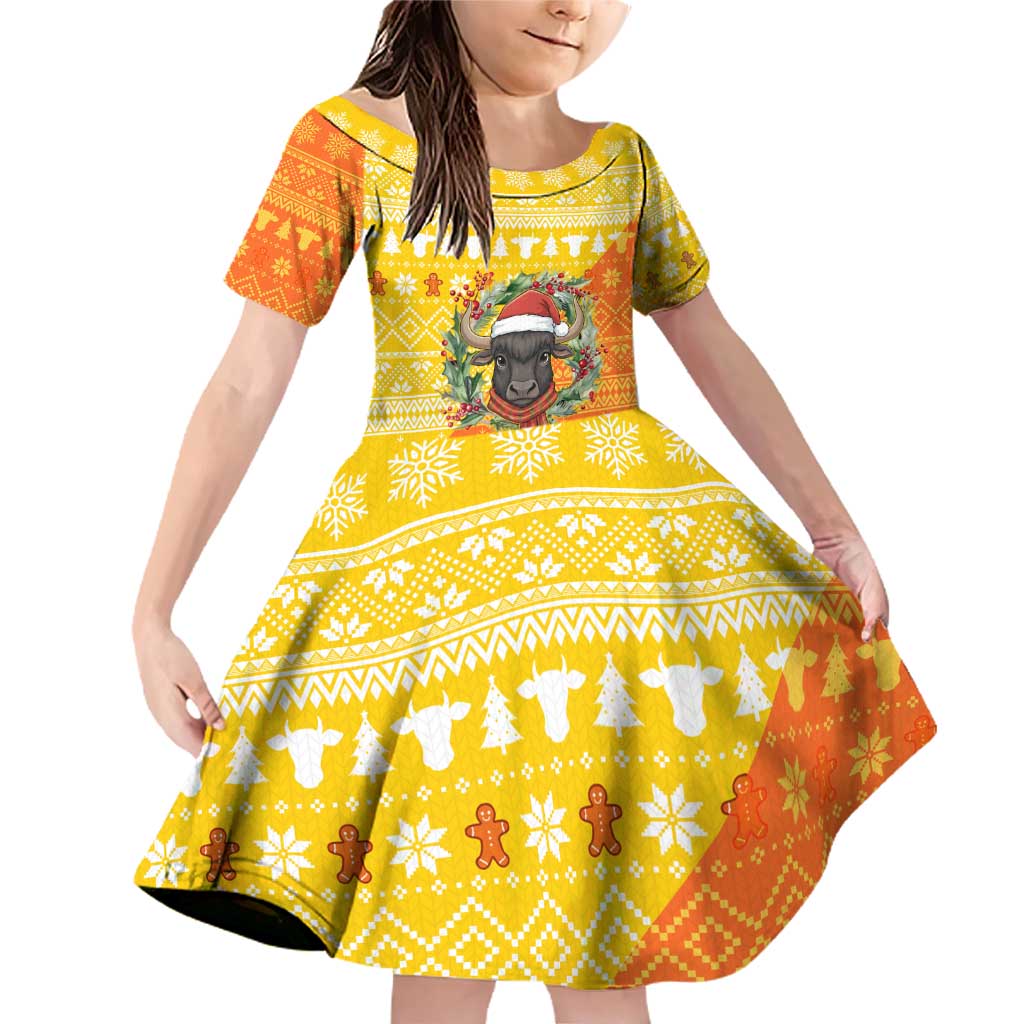 Bhutan Christmas Family Matching Off Shoulder Short Dress and Hawaiian Shirt with Takin Reindeer Antlers Santa Hat and Yellow Orange Holiday Pattern - Wonder Print Shop