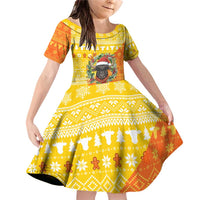 Bhutan Christmas Family Matching Off Shoulder Short Dress and Hawaiian Shirt with Takin Reindeer Antlers Santa Hat and Yellow Orange Holiday Pattern - Wonder Print Shop