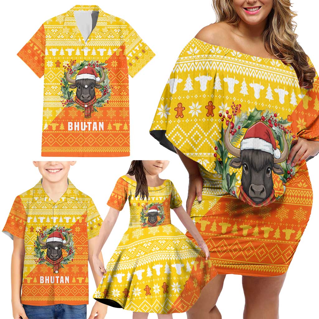 Bhutan Christmas Family Matching Off Shoulder Short Dress and Hawaiian Shirt with Takin Reindeer Antlers Santa Hat and Yellow Orange Holiday Pattern - Wonder Print Shop