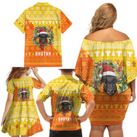 Bhutan Christmas Family Matching Off Shoulder Short Dress and Hawaiian Shirt with Takin Reindeer Antlers Santa Hat and Yellow Orange Holiday Pattern - Wonder Print Shop