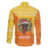 Bhutan Christmas Family Matching Off Shoulder Short Dress and Hawaiian Shirt with Takin Reindeer Antlers Santa Hat and Yellow Orange Holiday Pattern - Wonder Print Shop