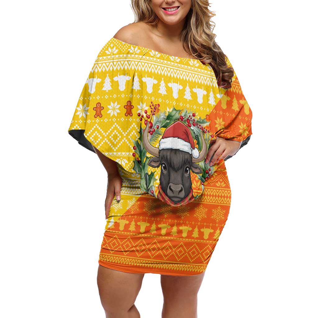 Bhutan Christmas Family Matching Off Shoulder Short Dress and Hawaiian Shirt with Takin Reindeer Antlers Santa Hat and Yellow Orange Holiday Pattern - Wonder Print Shop