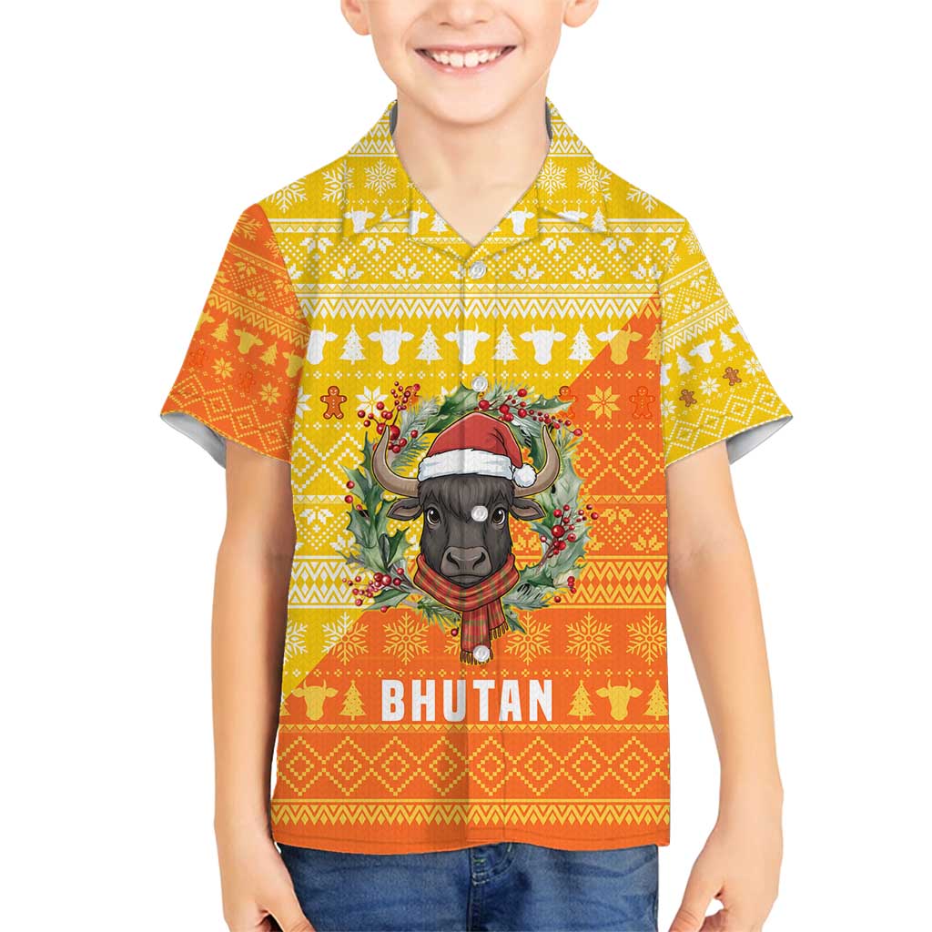 Bhutan Christmas Family Matching Off Shoulder Short Dress and Hawaiian Shirt with Takin Reindeer Antlers Santa Hat and Yellow Orange Holiday Pattern - Wonder Print Shop