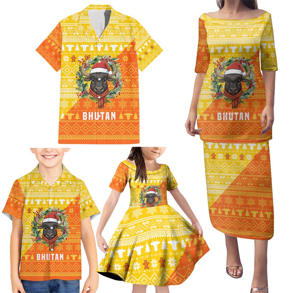 Bhutan Christmas Family Matching Puletasi and Hawaiian Shirt with Takin Reindeer Antlers Santa Hat and Yellow Orange Holiday Pattern - Wonder Print Shop