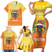 Bhutan Christmas Family Matching Short Sleeve Bodycon Dress and Hawaiian Shirt with Takin Reindeer Antlers Santa Hat and Yellow Orange Holiday Pattern - Wonder Print Shop