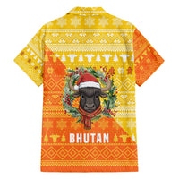 Bhutan Christmas Family Matching Short Sleeve Bodycon Dress and Hawaiian Shirt with Takin Reindeer Antlers Santa Hat and Yellow Orange Holiday Pattern - Wonder Print Shop