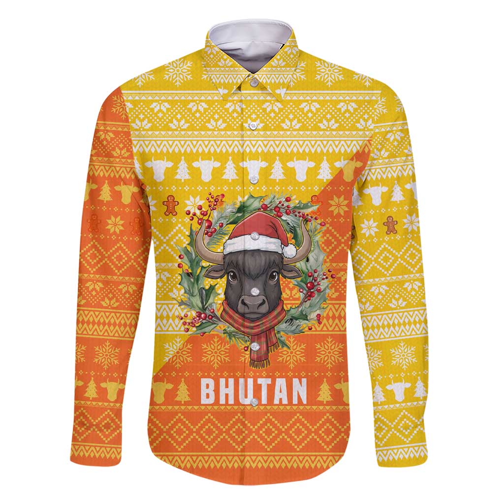 Bhutan Christmas Family Matching Short Sleeve Bodycon Dress and Hawaiian Shirt with Takin Reindeer Antlers Santa Hat and Yellow Orange Holiday Pattern - Wonder Print Shop