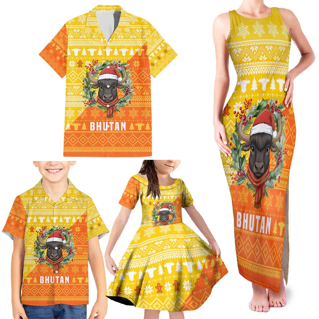 Bhutan Christmas Family Matching Tank Maxi Dress and Hawaiian Shirt with Takin Reindeer Antlers Santa Hat and Yellow Orange Holiday Pattern - Wonder Print Shop