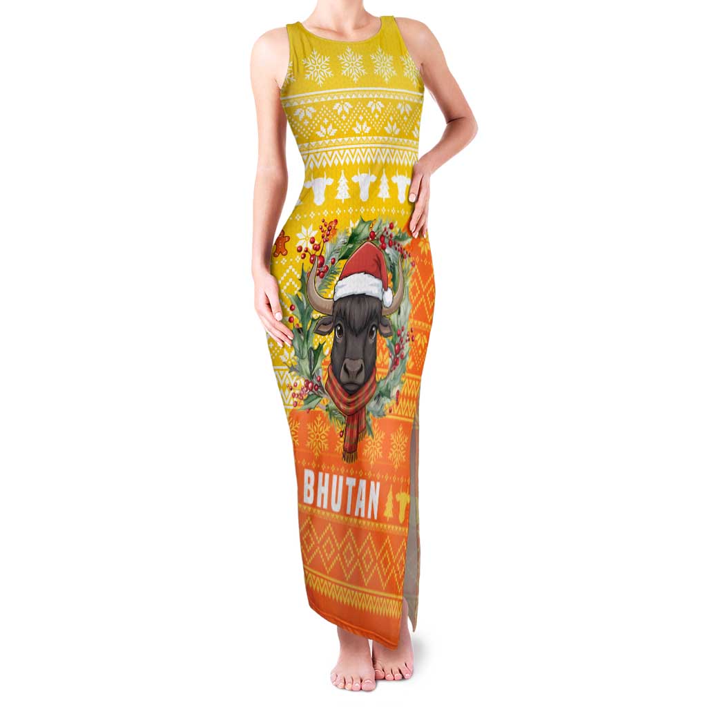 Bhutan Christmas Family Matching Tank Maxi Dress and Hawaiian Shirt with Takin Reindeer Antlers Santa Hat and Yellow Orange Holiday Pattern - Wonder Print Shop