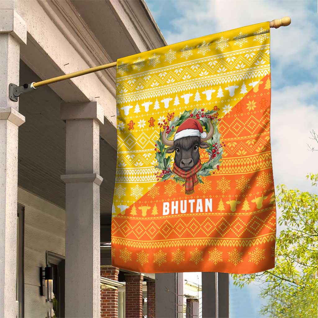 Bhutan Christmas Garden Flag with Takin Reindeer Antlers Santa Hat and Yellow Orange Holiday Pattern - Wonder Print Shop