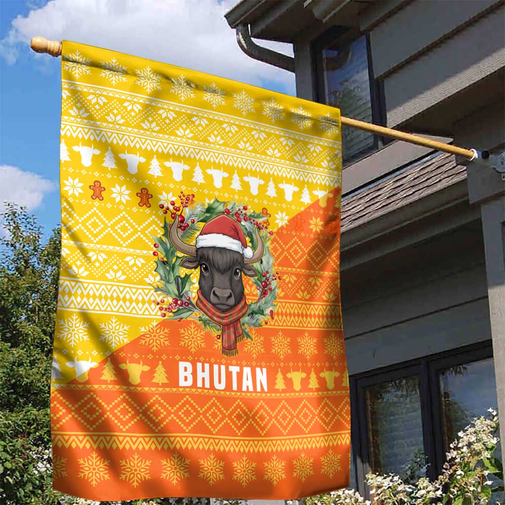 Bhutan Christmas Garden Flag with Takin Reindeer Antlers Santa Hat and Yellow Orange Holiday Pattern - Wonder Print Shop