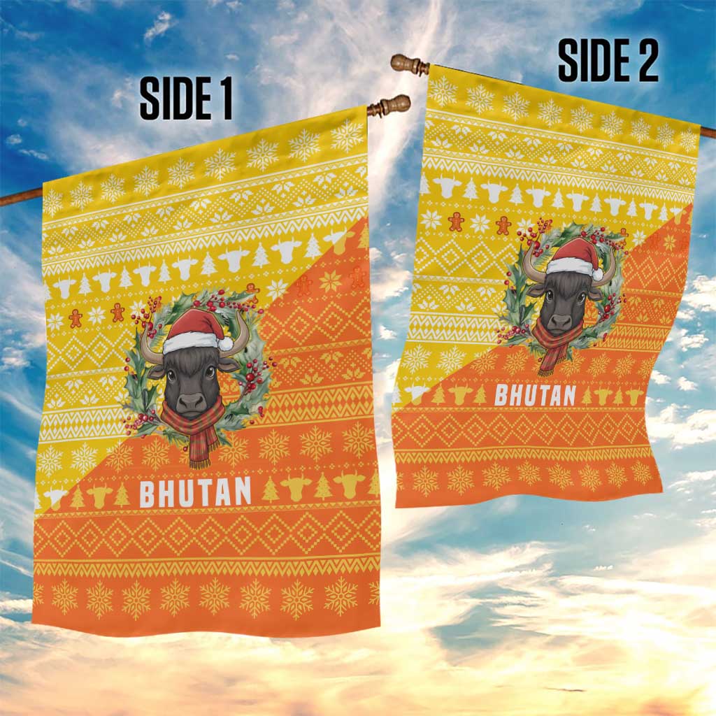 Bhutan Christmas Garden Flag with Takin Reindeer Antlers Santa Hat and Yellow Orange Holiday Pattern - Wonder Print Shop