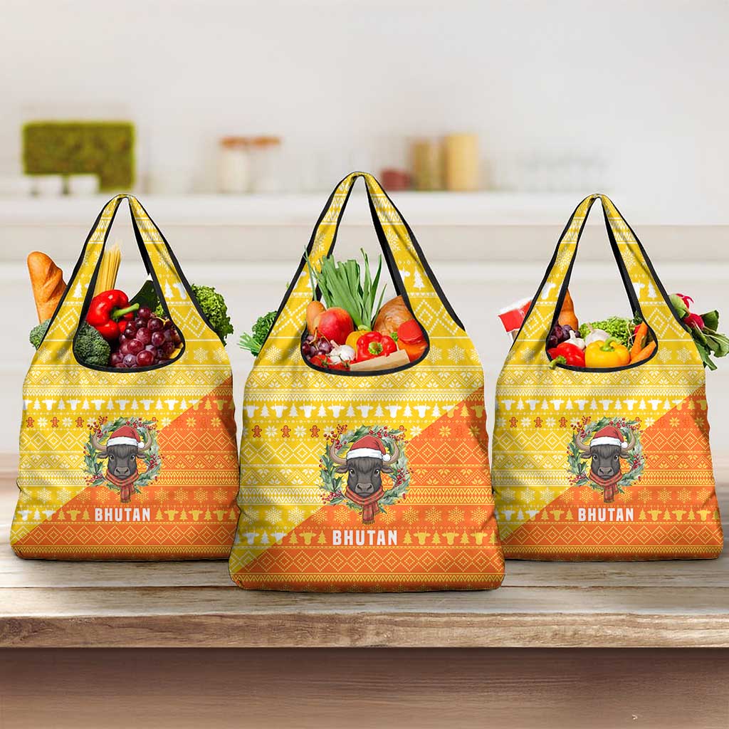 Bhutan Christmas Grocery Bag with Takin Reindeer Antlers Santa Hat and Yellow Orange Holiday Pattern - Wonder Print Shop