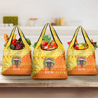 Bhutan Christmas Grocery Bag with Takin Reindeer Antlers Santa Hat and Yellow Orange Holiday Pattern - Wonder Print Shop