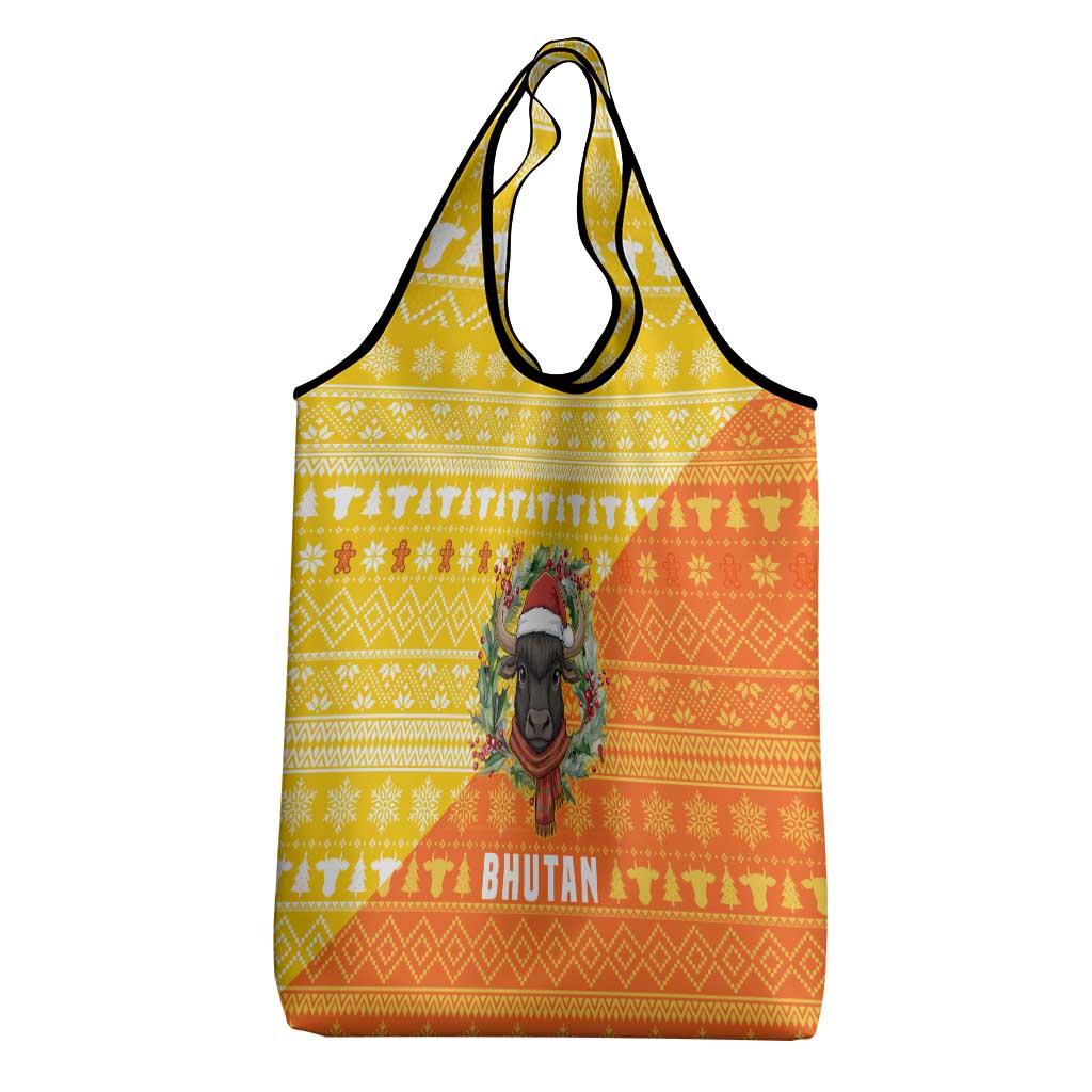 Bhutan Christmas Grocery Bag with Takin Reindeer Antlers Santa Hat and Yellow Orange Holiday Pattern - Wonder Print Shop