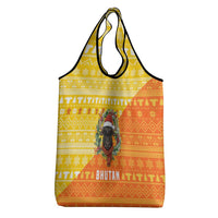 Bhutan Christmas Grocery Bag with Takin Reindeer Antlers Santa Hat and Yellow Orange Holiday Pattern - Wonder Print Shop