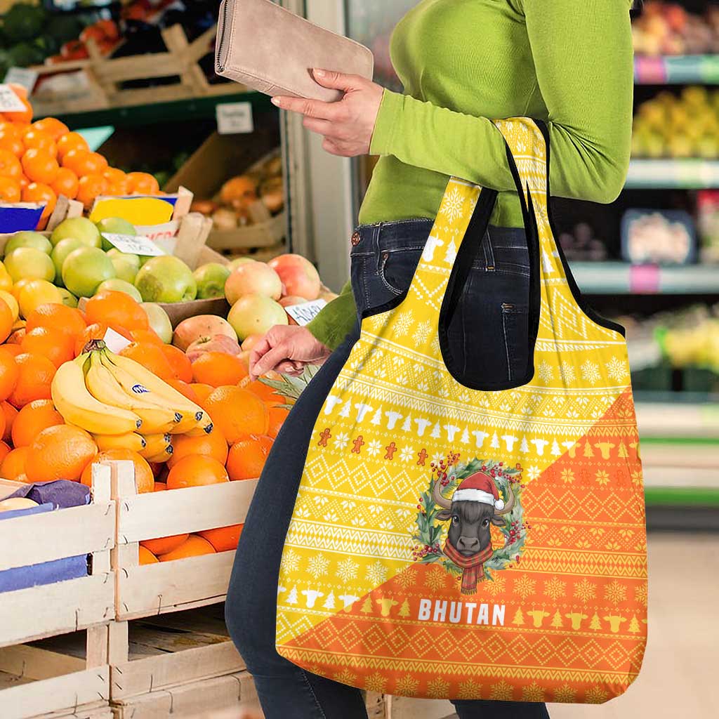 Bhutan Christmas Grocery Bag with Takin Reindeer Antlers Santa Hat and Yellow Orange Holiday Pattern - Wonder Print Shop