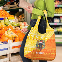 Bhutan Christmas Grocery Bag with Takin Reindeer Antlers Santa Hat and Yellow Orange Holiday Pattern - Wonder Print Shop