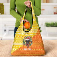 Bhutan Christmas Grocery Bag with Takin Reindeer Antlers Santa Hat and Yellow Orange Holiday Pattern - Wonder Print Shop