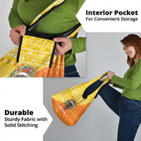Bhutan Christmas Grocery Bag with Takin Reindeer Antlers Santa Hat and Yellow Orange Holiday Pattern - Wonder Print Shop