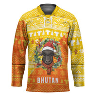 Bhutan Christmas Hockey Jersey with Takin Reindeer Antlers Santa Hat and Yellow Orange Holiday Pattern - Wonder Print Shop