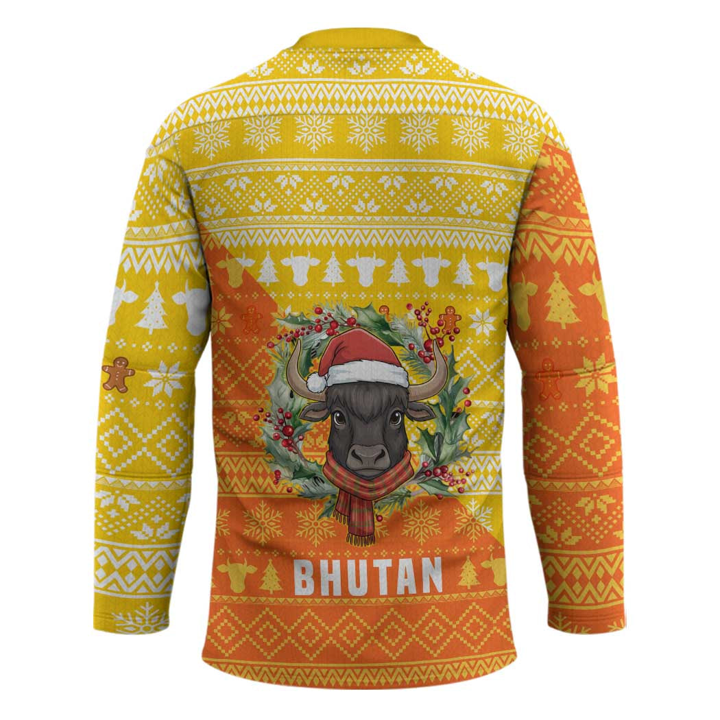 Bhutan Christmas Hockey Jersey with Takin Reindeer Antlers Santa Hat and Yellow Orange Holiday Pattern - Wonder Print Shop