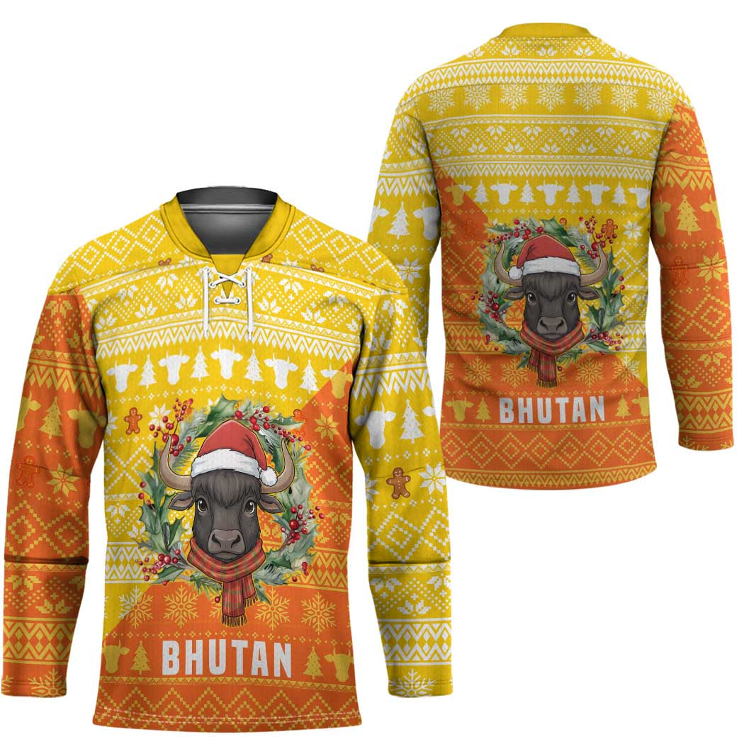 Bhutan Christmas Hockey Jersey with Takin Reindeer Antlers Santa Hat and Yellow Orange Holiday Pattern - Wonder Print Shop