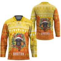 Bhutan Christmas Hockey Jersey with Takin Reindeer Antlers Santa Hat and Yellow Orange Holiday Pattern - Wonder Print Shop