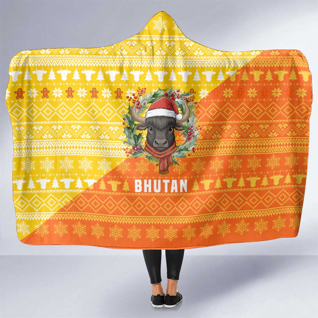 Bhutan Christmas Hooded Blanket with Takin Reindeer Antlers Santa Hat and Yellow Orange Holiday Pattern - Wonder Print Shop