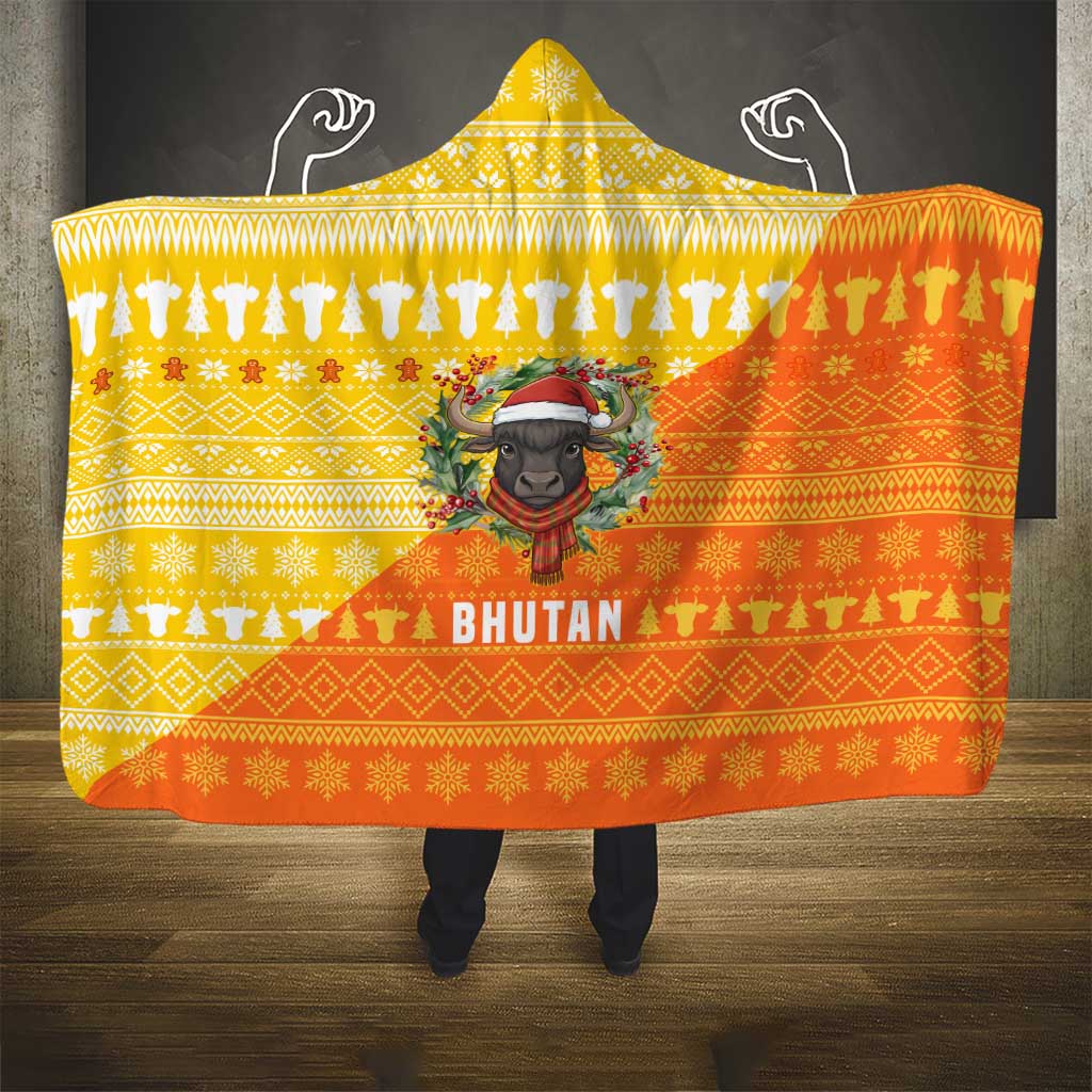 Bhutan Christmas Hooded Blanket with Takin Reindeer Antlers Santa Hat and Yellow Orange Holiday Pattern - Wonder Print Shop