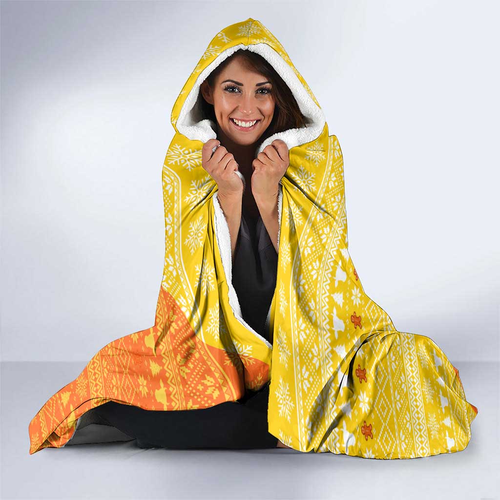 Bhutan Christmas Hooded Blanket with Takin Reindeer Antlers Santa Hat and Yellow Orange Holiday Pattern - Wonder Print Shop