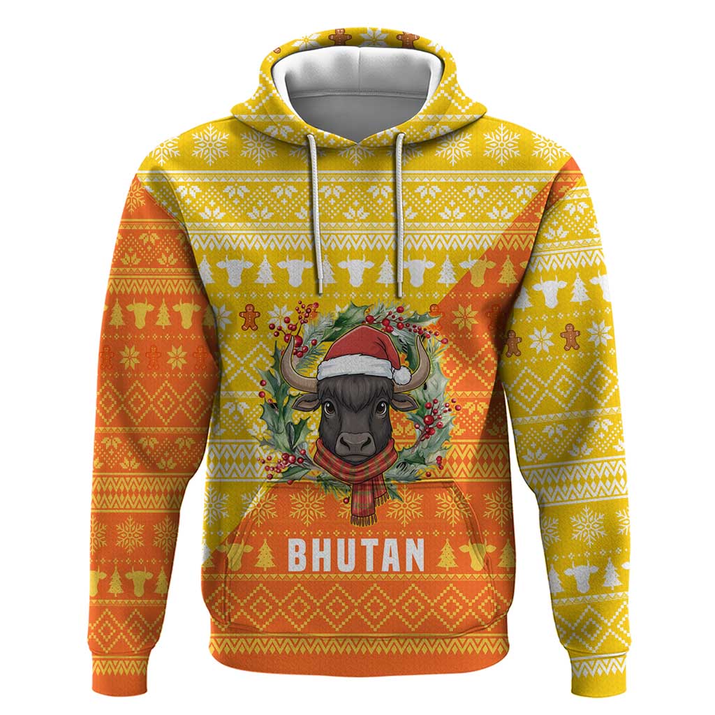 Bhutan Christmas Hoodie with Takin Reindeer Antlers Santa Hat and Yellow Orange Holiday Pattern - Wonder Print Shop