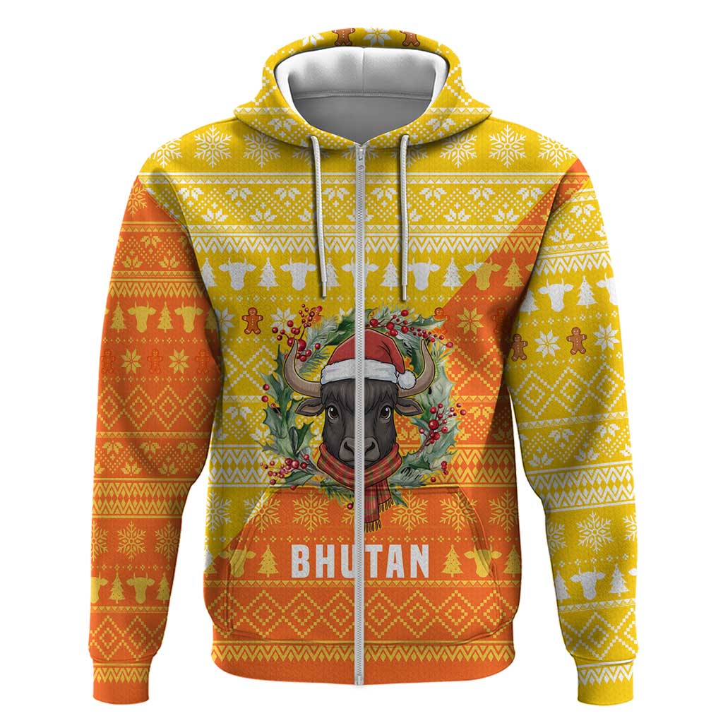 Bhutan Christmas Hoodie with Takin Reindeer Antlers Santa Hat and Yellow Orange Holiday Pattern - Wonder Print Shop