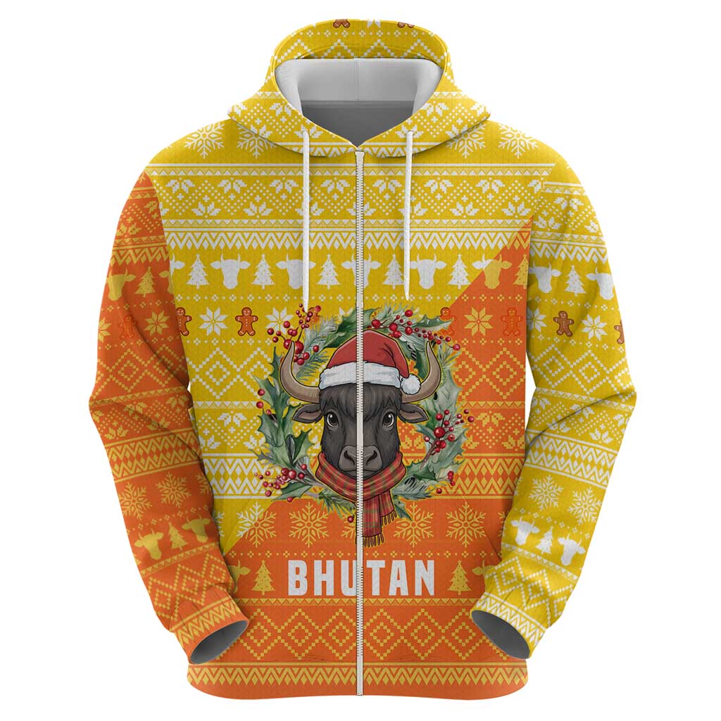 Bhutan Christmas Hoodie with Takin Reindeer Antlers Santa Hat and Yellow Orange Holiday Pattern - Wonder Print Shop