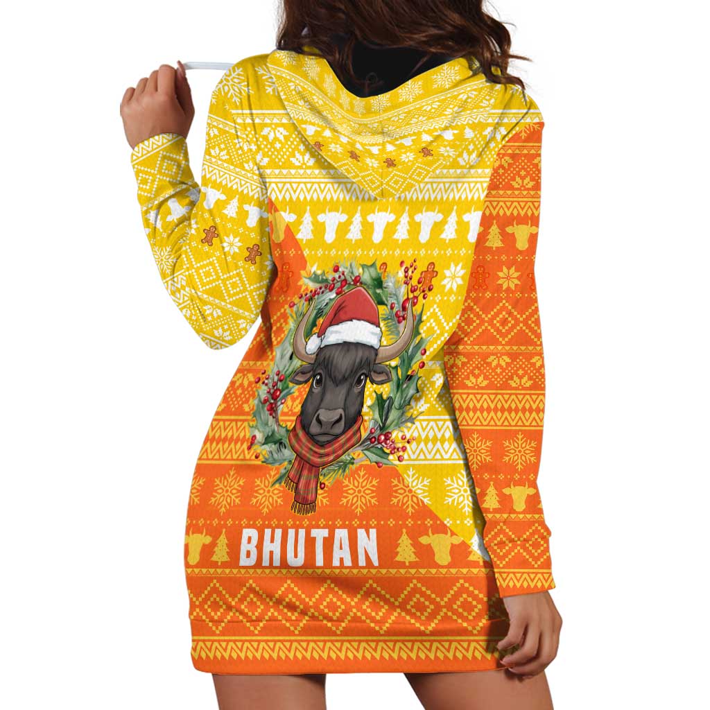Bhutan Christmas Hoodie Dress with Takin Reindeer Antlers Santa Hat and Yellow Orange Holiday Pattern - Wonder Print Shop