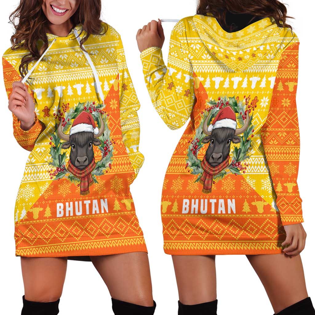 Bhutan Christmas Hoodie Dress with Takin Reindeer Antlers Santa Hat and Yellow Orange Holiday Pattern - Wonder Print Shop