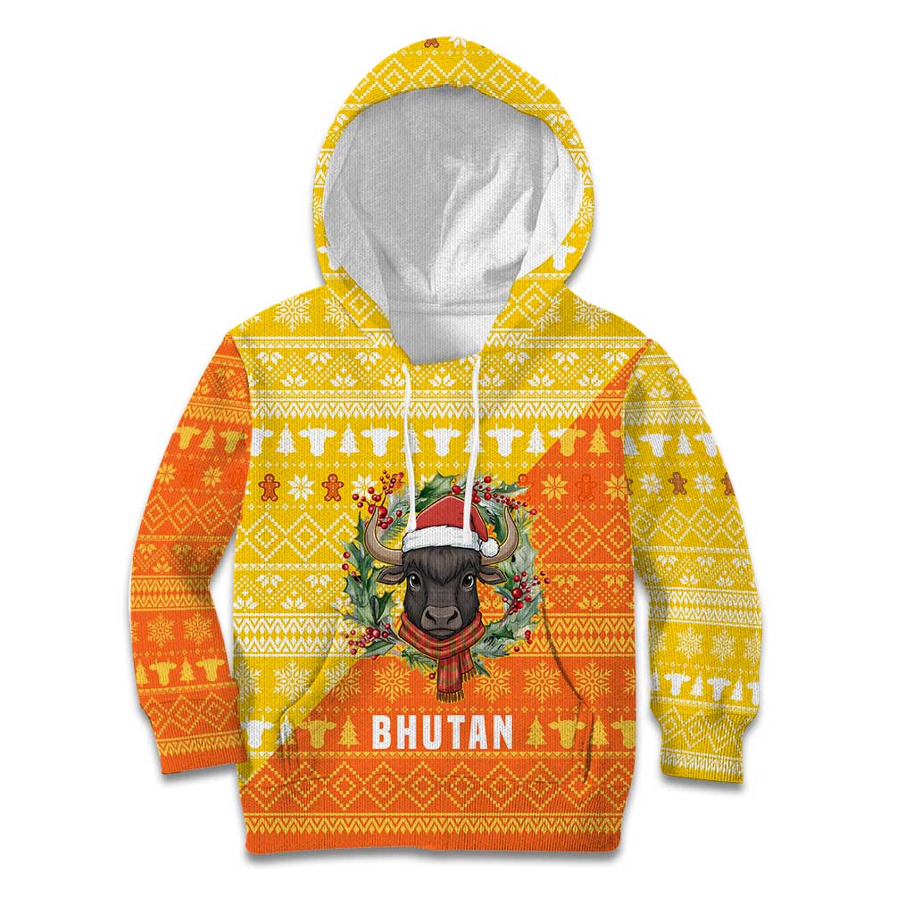 Bhutan Christmas Kid Hoodie with Takin Reindeer Antlers Santa Hat and Yellow Orange Holiday Pattern - Wonder Print Shop