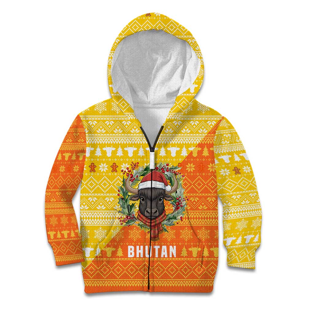 Bhutan Christmas Kid Hoodie with Takin Reindeer Antlers Santa Hat and Yellow Orange Holiday Pattern - Wonder Print Shop