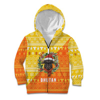 Bhutan Christmas Kid Hoodie with Takin Reindeer Antlers Santa Hat and Yellow Orange Holiday Pattern - Wonder Print Shop