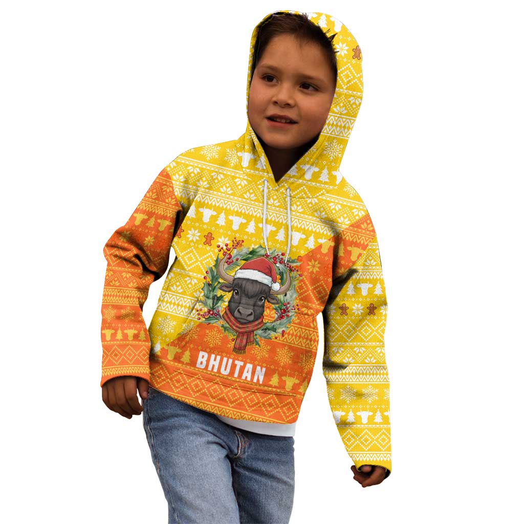 Bhutan Christmas Kid Hoodie with Takin Reindeer Antlers Santa Hat and Yellow Orange Holiday Pattern - Wonder Print Shop