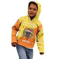 Bhutan Christmas Kid Hoodie with Takin Reindeer Antlers Santa Hat and Yellow Orange Holiday Pattern - Wonder Print Shop