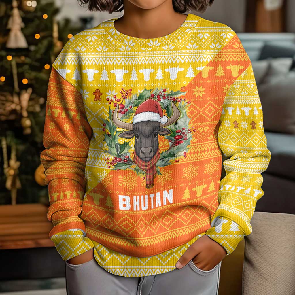 Bhutan Christmas Kid Ugly Christmas Sweater with Takin Reindeer Antlers Santa Hat and Yellow Orange Holiday Pattern - Wonder Print Shop