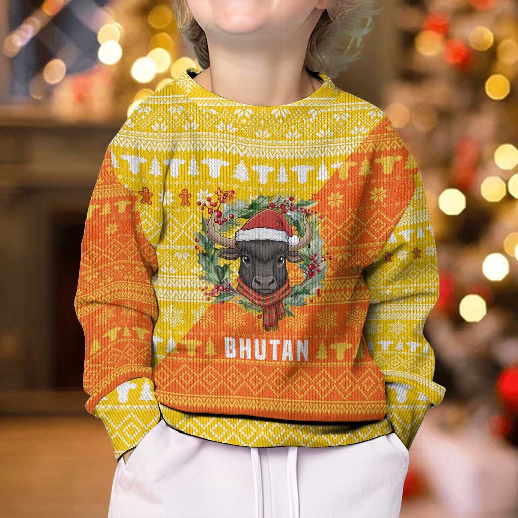 Bhutan Christmas Kid Ugly Christmas Sweater with Takin Reindeer Antlers Santa Hat and Yellow Orange Holiday Pattern - Wonder Print Shop