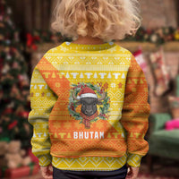 Bhutan Christmas Kid Ugly Christmas Sweater with Takin Reindeer Antlers Santa Hat and Yellow Orange Holiday Pattern - Wonder Print Shop