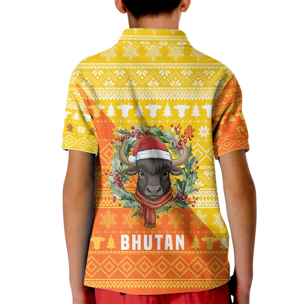 Bhutan Christmas Kid Polo Shirt with Takin Reindeer Antlers Santa Hat and Yellow Orange Holiday Pattern - Wonder Print Shop